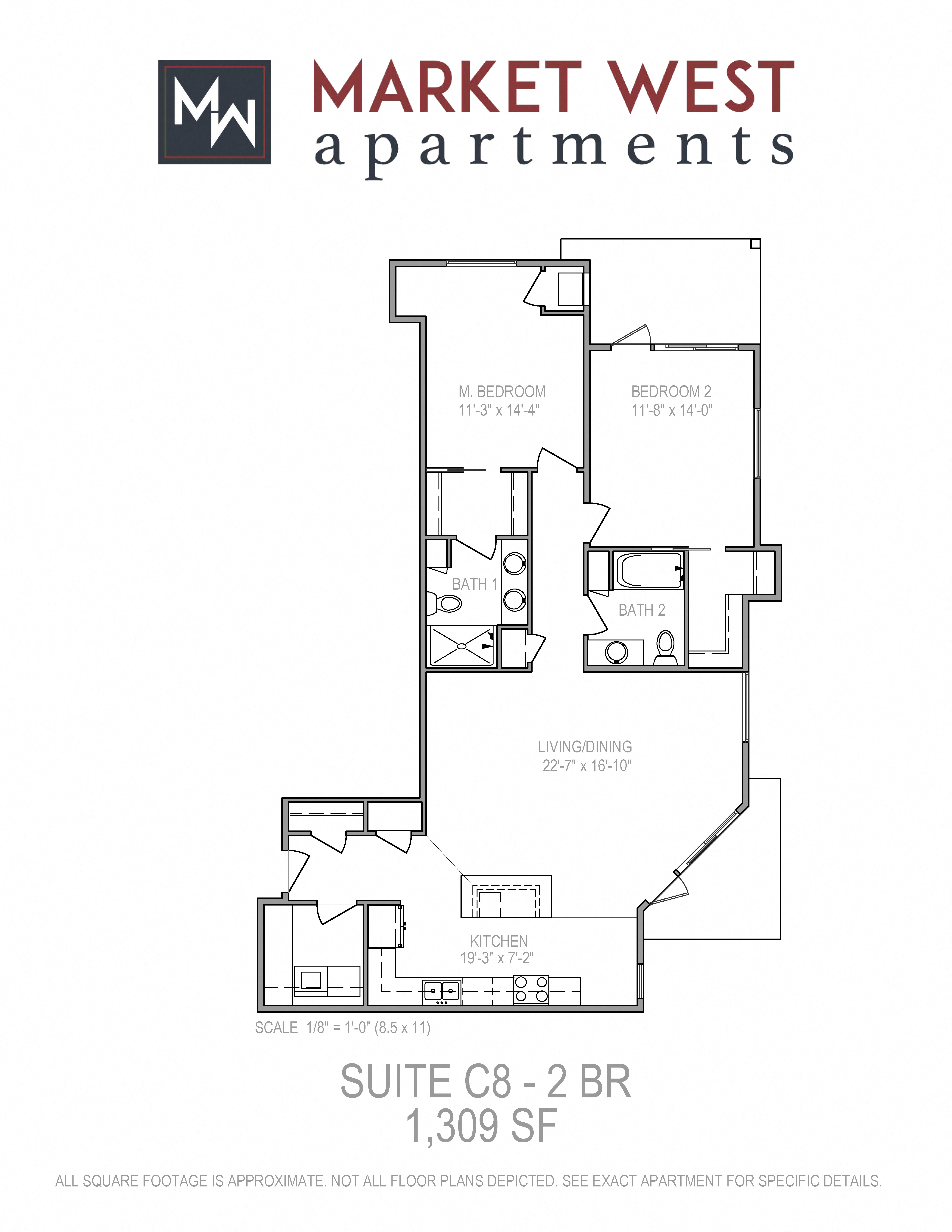 Floor plan for 2 beds, 2 baths, 1309 sqft